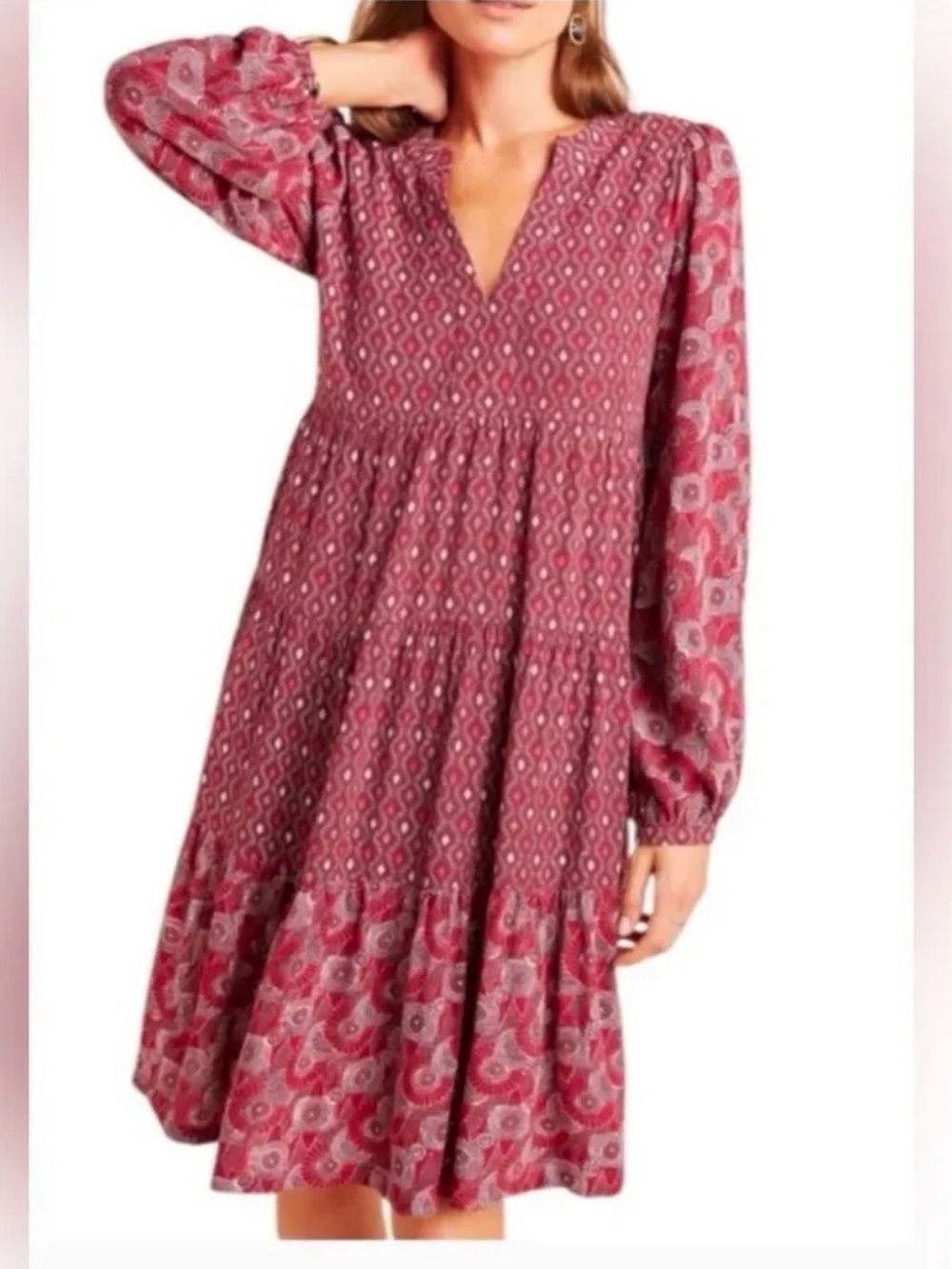 Anthropologie Mauve Burgundy Long-Sleeve Tiered Dress Size XS
